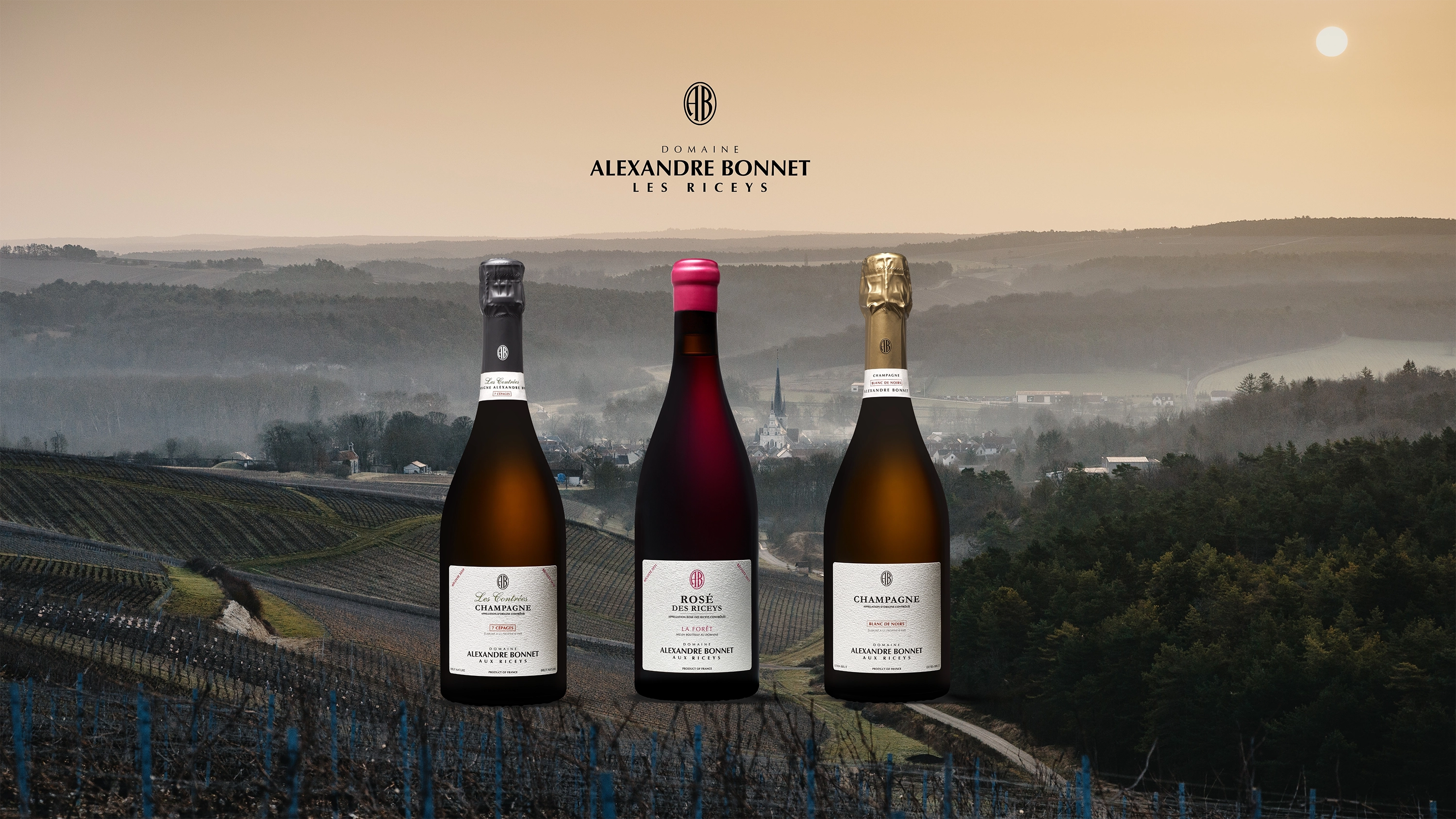 Three wine bottles displayed with a scenic background and Alexandre Bonnet logo.